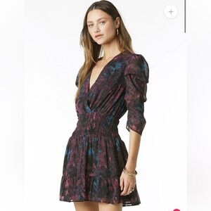 NWT Tart Leighton Georgette Mini Dress Ruffle smocked waist puff sleeve M Vneck